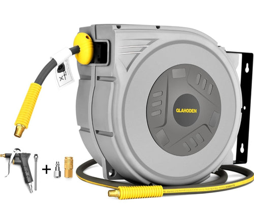 Enclosed Retractable Air Hose Reel, 3/8 in Hybrid Hose Air Compressor Hose Reel with 6 Ft Lead in Max 300 PSI Patented Design for Any Length Lock 180°Swivel Bracket Quick Coupler